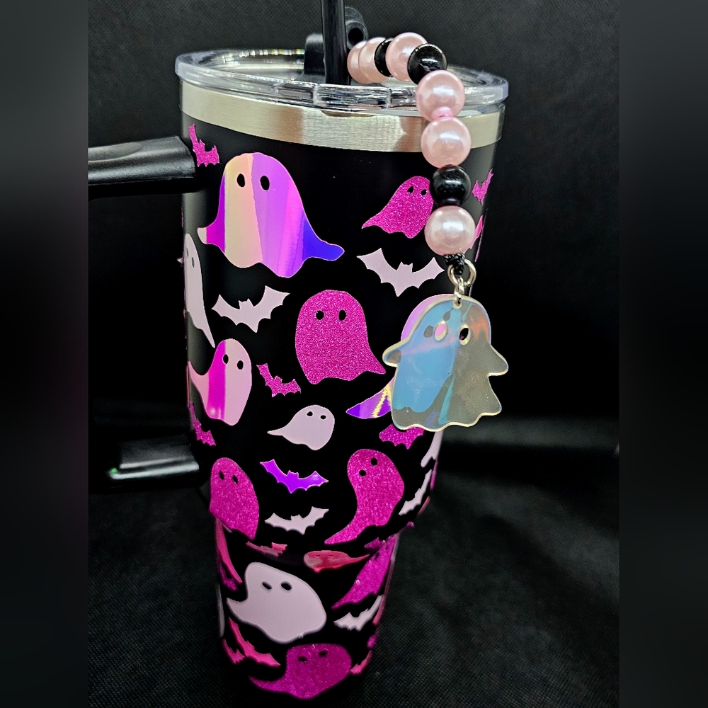Drinking Cup, Travel Tumbler, pink ghost boo halloween cold cup, MTO - Picture 4 of 7